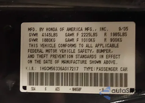2006 Honda Accord 2.4 Se z USA, uszkodzony, nr VIN 1HGCM56336A017217